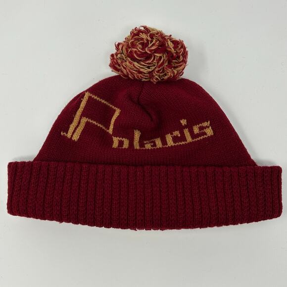 Vintage 70s Polaris Snowmobiles Cuffed Pom Pom Beanie Toque Winter Hat Red - Picture 3 of 9